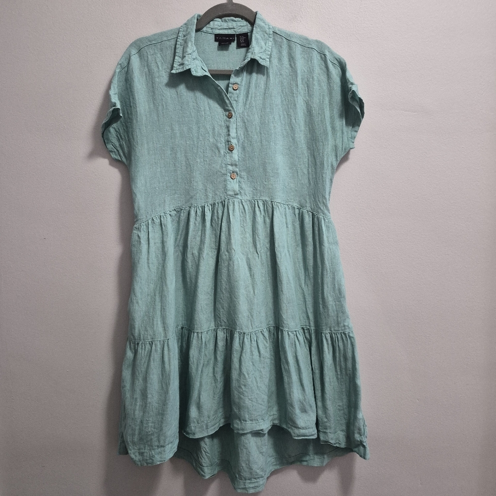 Tahari 100% Linen Tiered Mini Babydoll Turquoise Shirt Dress Size XS